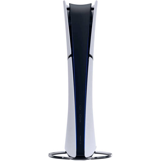 PlayStation 5 home console standing on a circular black charging dock against a plain white background.
