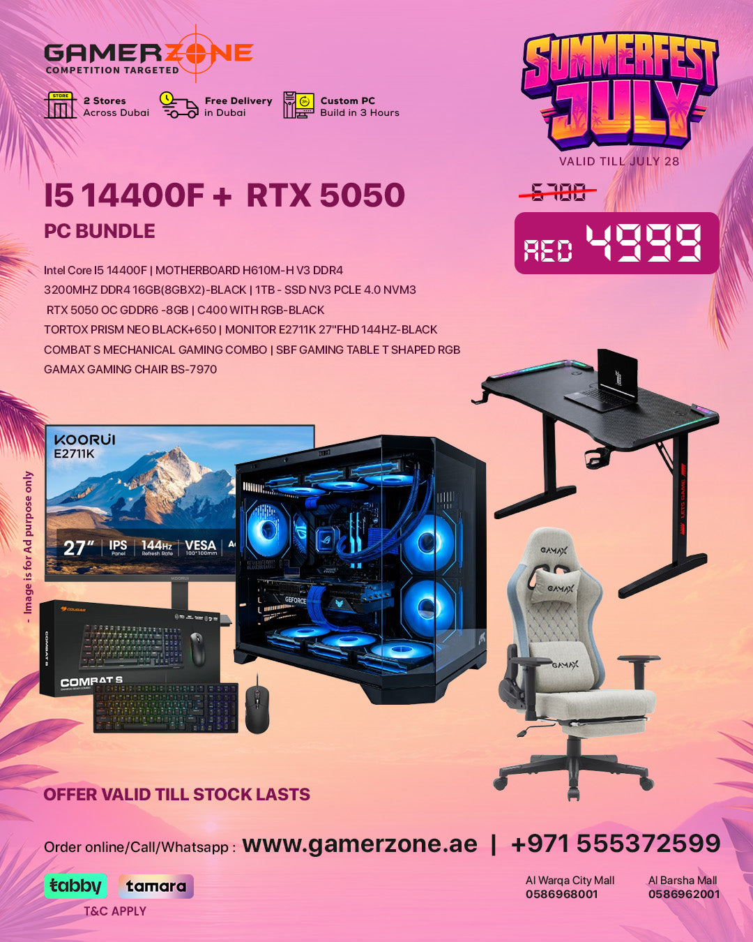 GamerZone Intel Core i5 14400F RTX 5050 Complete Gaming Setup Bundle with 27" 144Hz Monitor, Gaming Chair & Desk