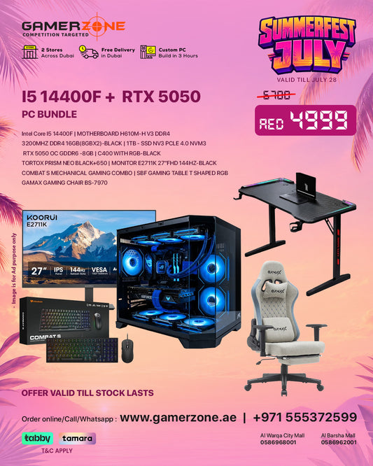 GamerZone Intel Core i5 14400F RTX 5050 Complete Gaming Setup Bundle with 27" 144Hz Monitor, Gaming Chair & Desk