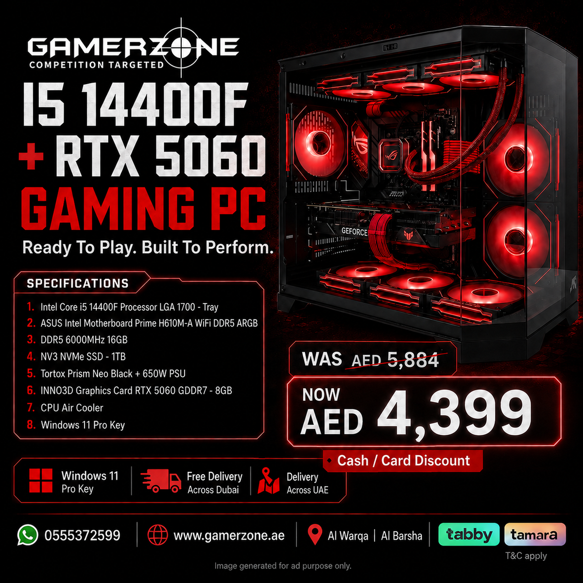 Promotional graphic for a Gamerzone gaming PC bundle featuring an Intel Core i5 14400F processor and RTX 5060 graphics card inside a black computer case with glowing red fans. The ad includes specifications, pricing in AED, and delivery details on a dark background.