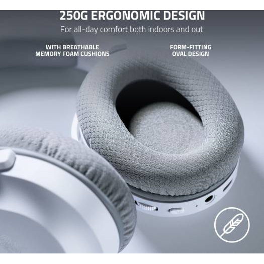 Razer Barracuda X Mercury white gaming headset with breathable memory foam ear cushions.