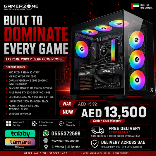 Promotional graphic for a Gamerzone gaming PC bundle, featuring a black desktop PC tower with RGB fan lights and a visible GeForce RTX graphics card, alongside large pricing text, specifications, logos, and delivery claims.