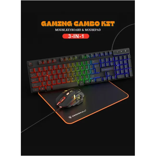 Deadskull DS-KB334 black gaming keyboard, RGB mouse, and mousepad combo with rainbow backlighting.