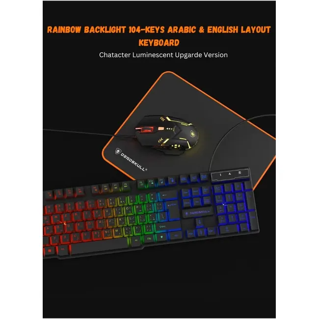 DEADSKULL DS-KB334 rainbow backlit keyboard, RGB mouse, and mouse pad on black background.