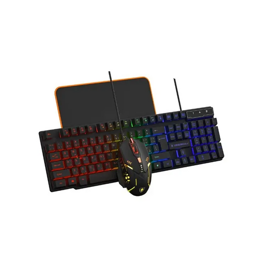 DEADSKULL DS-KB334 black rainbow backlit gaming keyboard, RGB mouse, and orange-trimmed mouse pad.
