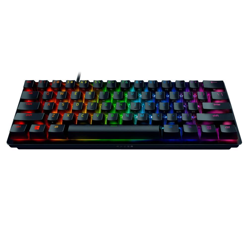 Razer Huntsman Mini 60% gaming keyboard in black with colorful Chroma RGB backlit keys.