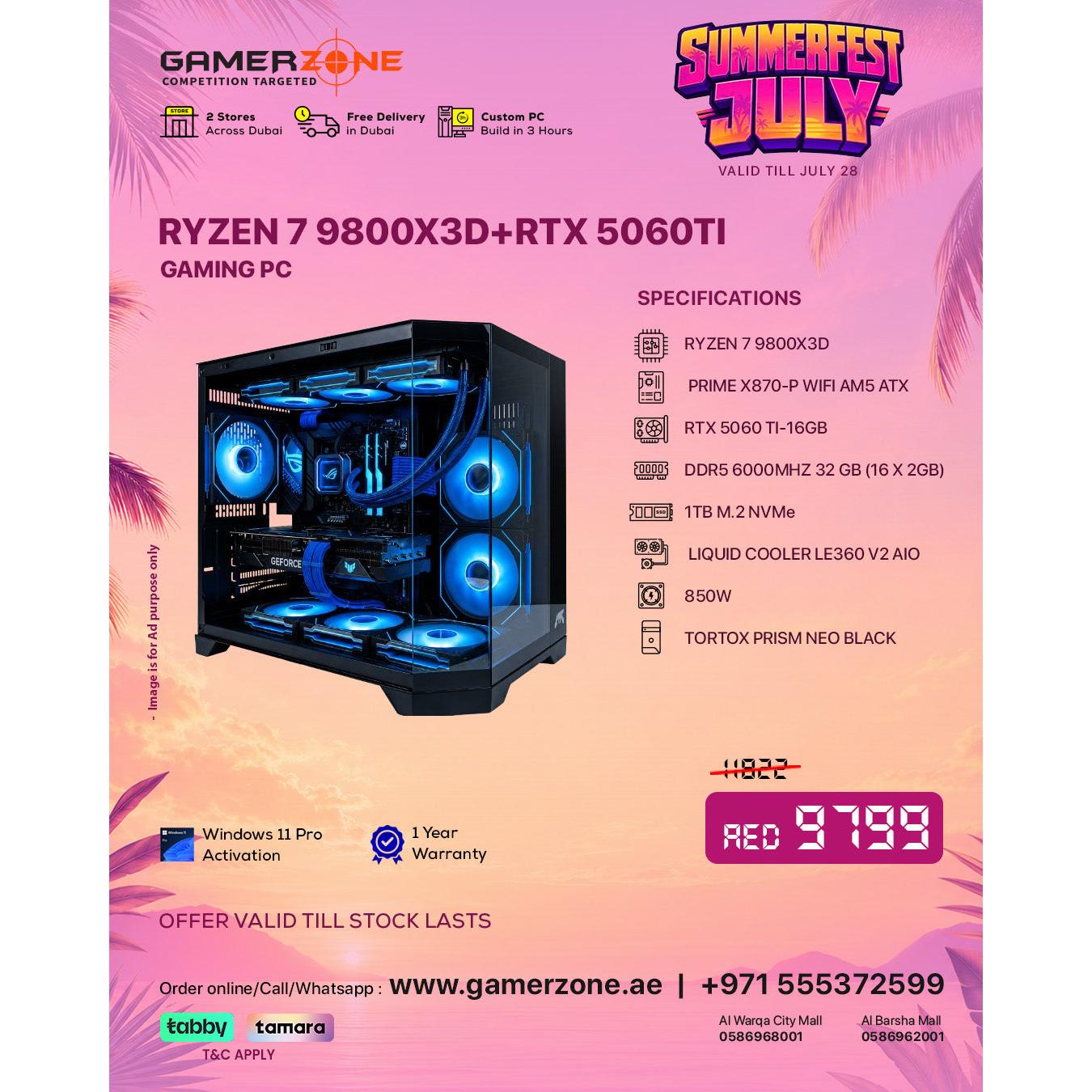 AMD Ryzen 7 9800X3D RTX 5060 Ti Gaming PC with 32GB DDR5 RAM, RGB liquid cooling, 1TB NVMe SSD and Windows 11 Pro from GamerZone UAE.