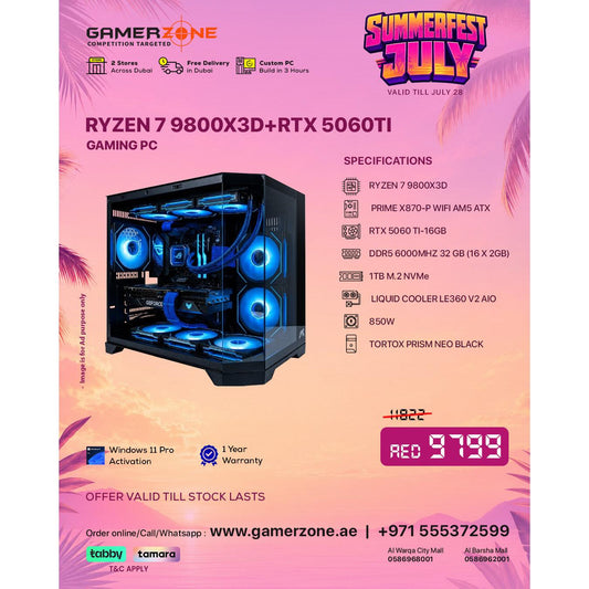 AMD Ryzen 7 9800X3D RTX 5060 Ti Gaming PC with 32GB DDR5 RAM, RGB liquid cooling, 1TB NVMe SSD and Windows 11 Pro from GamerZone UAE.