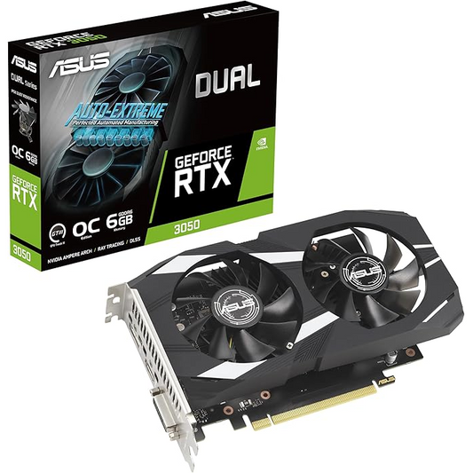 ASUS Dual GeForce RTX 3050 OC 6GB graphics card front view for gaming PC builds in Dubai