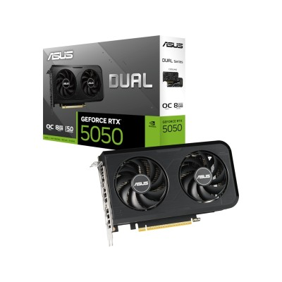 ASUS Dual GeForce RTX 5050 OC 8GB graphics card front view for gaming PC builds in Dubai