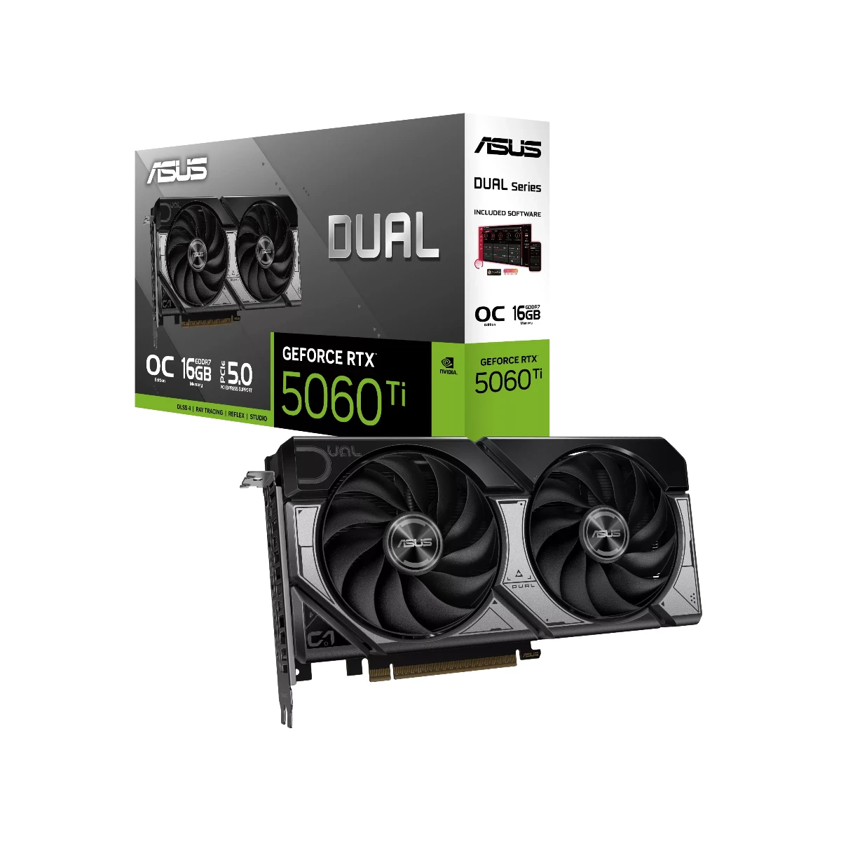 ASUS Dual GeForce RTX 5060 Ti OC 16GB graphics card front view for gaming PC builds in Dubai