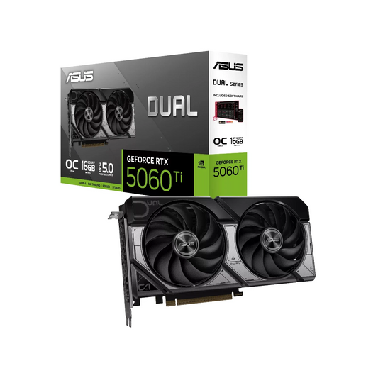 ASUS Dual GeForce RTX 5060 Ti OC 16GB graphics card front view for gaming PC builds in Dubai