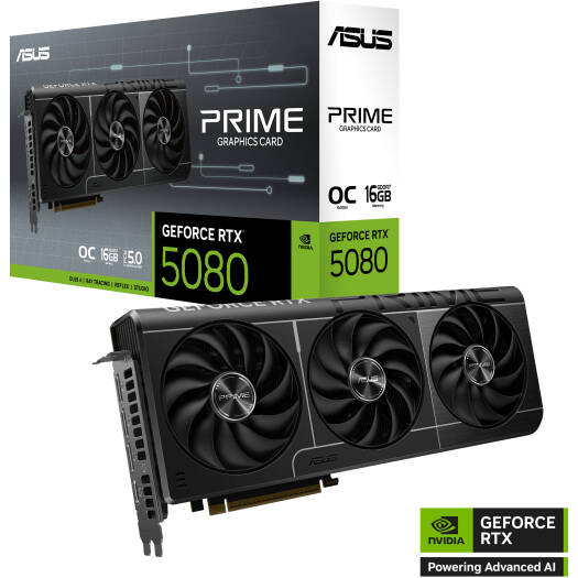 ASUS PRIME GeForce RTX 5080 OC 16GB graphics card front view for gaming PC builds in Dubai