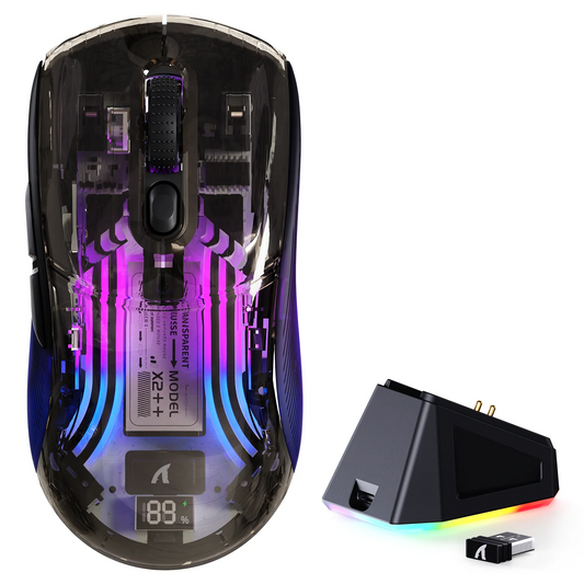 ATTACK SHARK X2 Pro RGB semi-transparent black wireless gaming mouse front view for gaming setups in Dubai