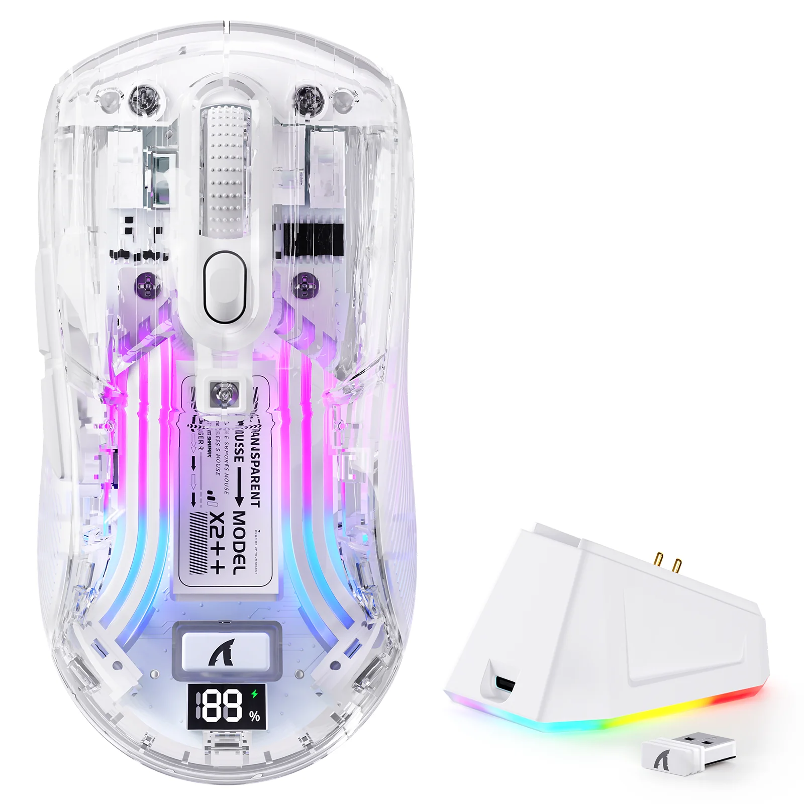 ATTACK SHARK X2 Pro RGB semi-transparent white wireless gaming mouse front view for gaming setups in Dubai