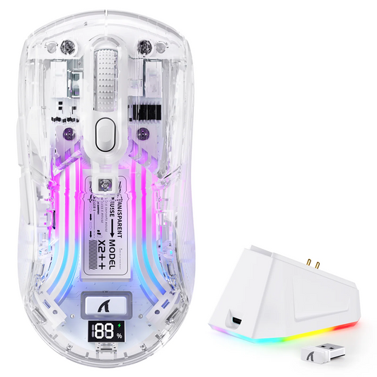 ATTACK SHARK X2 Pro RGB semi-transparent white wireless gaming mouse front view for gaming setups in Dubai