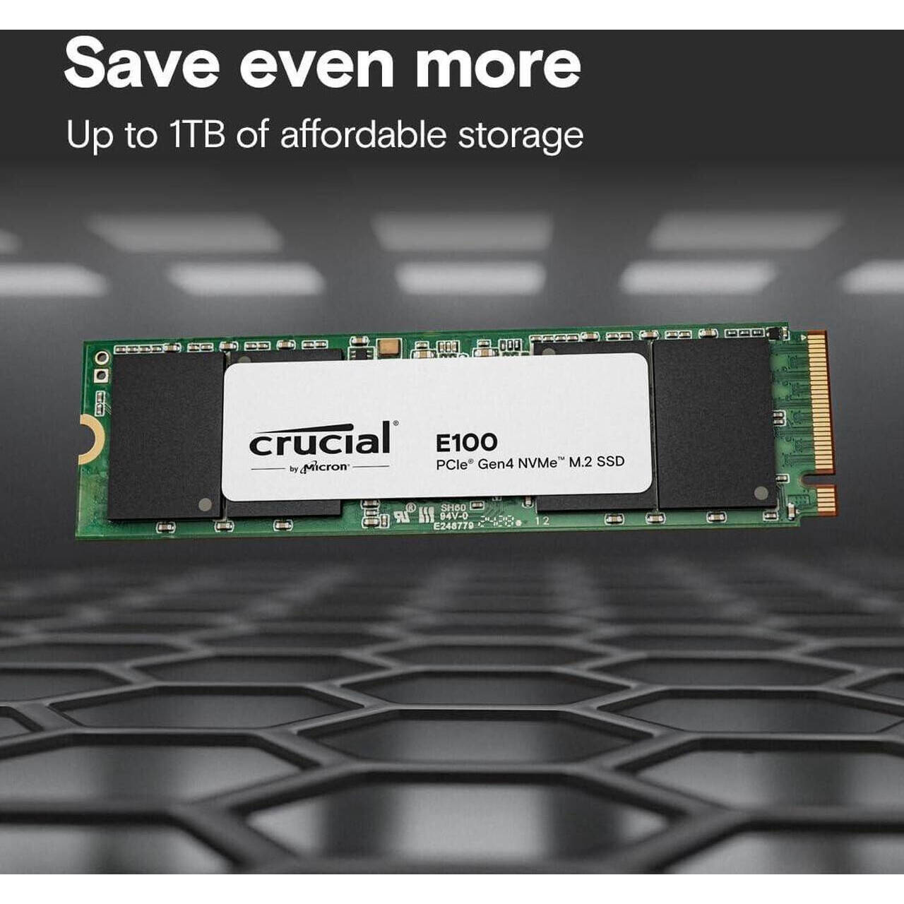 Crucial E100 PCIe Gen4 NVMe M.2 SSD on a green circuit board with a white label.