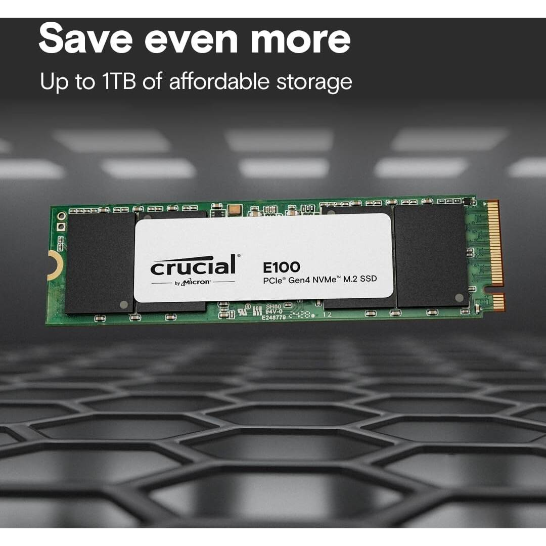Crucial E100 1TB PCIe Gen4 NVMe M.2 2280 SSD angled product view