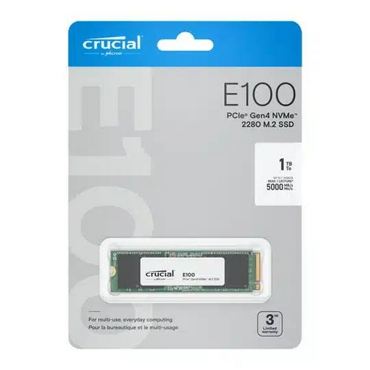 Crucial E100 1TB PCIe Gen4 NVMe M.2 SSD front view for gaming PC builds in Dubai