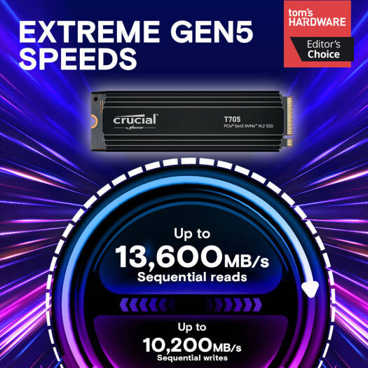 Crucial T705 1TB PCIe Gen5 NVMe M.2 SSD with premium heatsink angled product view