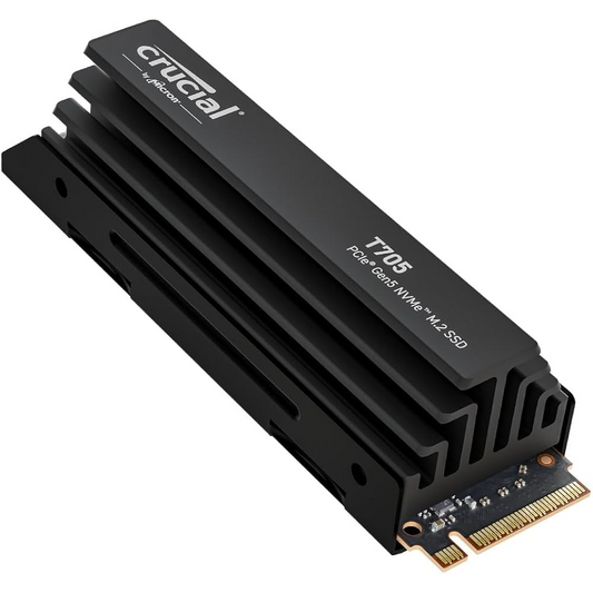 Crucial T705 1TB PCIe Gen5 NVMe SSD with heatsink front view for gaming PC builds in Dubai