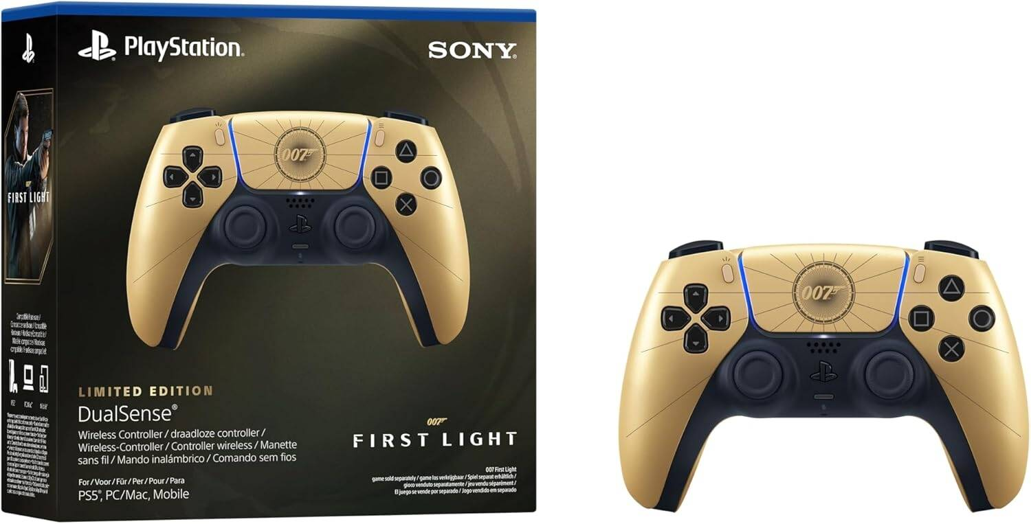 PlayStation DualSense controller with gold and black design, next to its packaging.