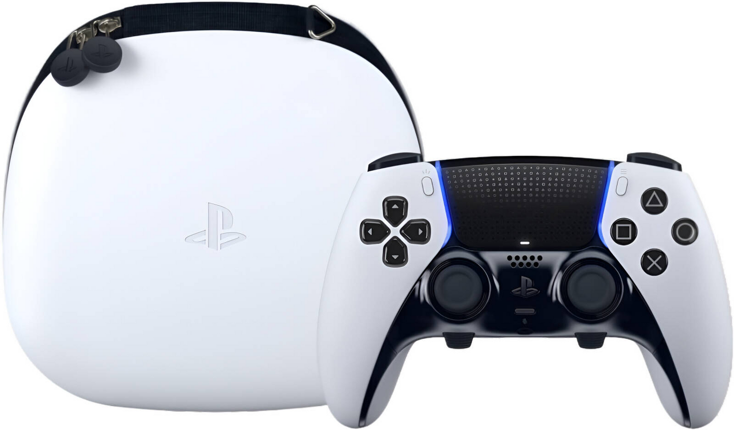 PlayStation 5 console in white and black shown with its matching white hard case on a clean white background.