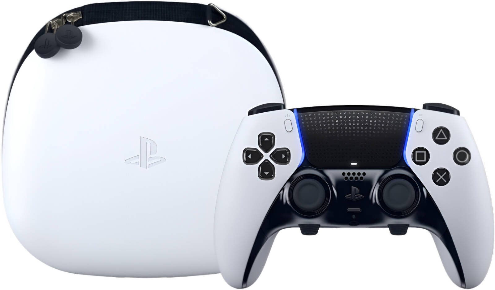 PlayStation 5 console in white and black shown with its matching white hard case on a clean white background.