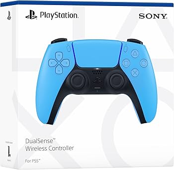 Sony PlayStation 5 DualSense wireless controller in light blue and black, shown on its retail box packaging.