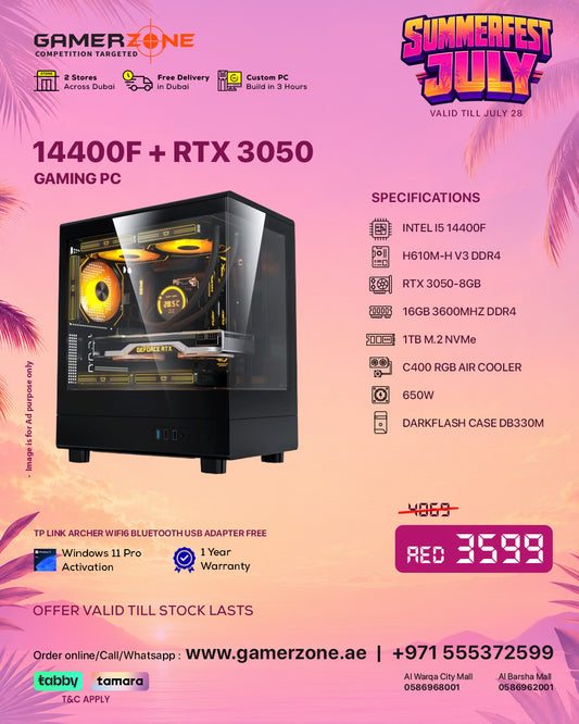 GamerZone Intel Core i5 14400F RTX 3050 Gaming PC with 16GB RAM and 1TB NVMe SSD in Dubai UAE
