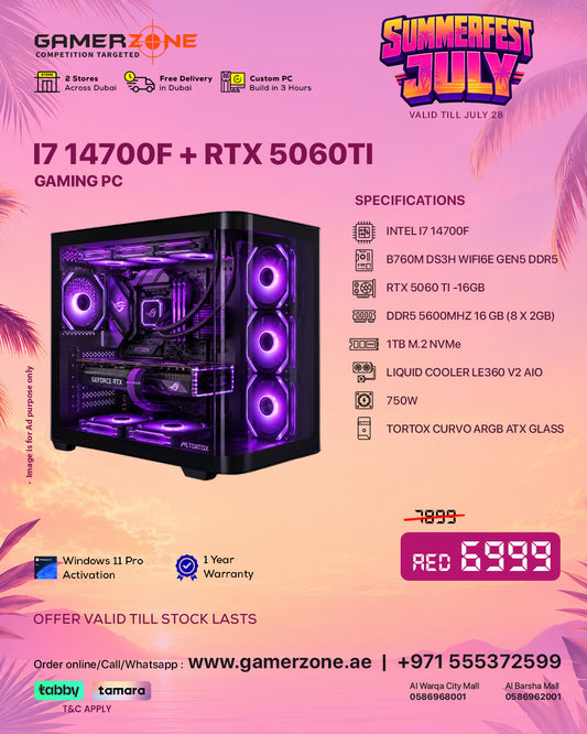 GamerZone Intel Core i7 14700F RTX 5060 Ti Gaming PC with 16GB DDR5 RAM and 1TB NVMe SSD in Dubai UAE