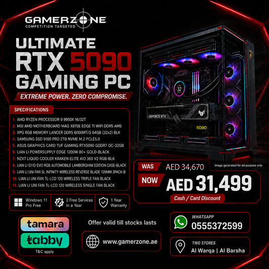 Promotional graphic for a Gamerzone RTX 5090 gaming PC package, showing a black computer case with glowing RGB lighting, large white and red text, specifications, pricing in AED, and store logos at the bottom.