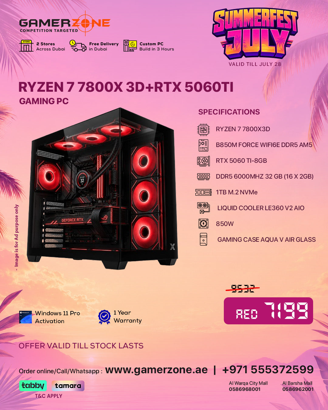 GamerZone AMD Ryzen 7 7800X3D RTX 5060 Ti Gaming PC optimized for high FPS gaming in Dubai UAE