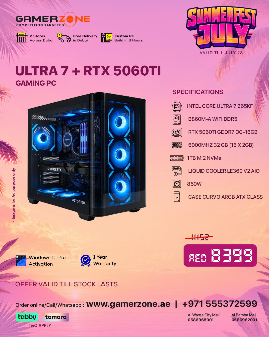 GamerZone Intel Core Ultra 7 RTX 5060 Ti Gaming PC with 32GB DDR5 RAM and 1TB NVMe SSD in Dubai UAE
