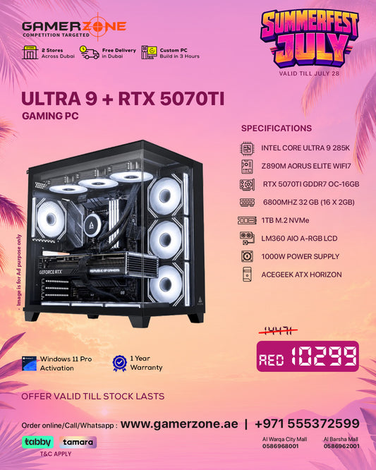 GamerZone Intel Core Ultra 9 RTX 5070 Ti Gaming PC with 32GB DDR5 RAM and 1TB NVMe SSD in Dubai UAE