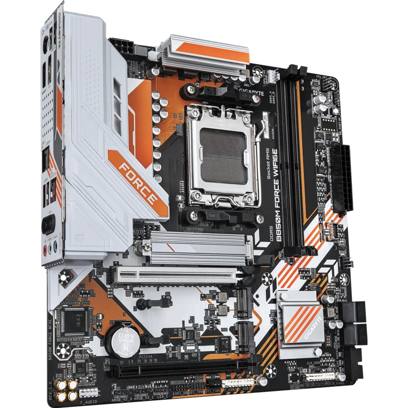 GIGABYTE B850M FORCE WiFi6E DDR5 AM5 motherboard angled product view