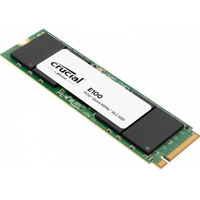 Crucial E100 PCIe Gen4 NVMe M.2 SSD with a green circuit board and white brand label.
