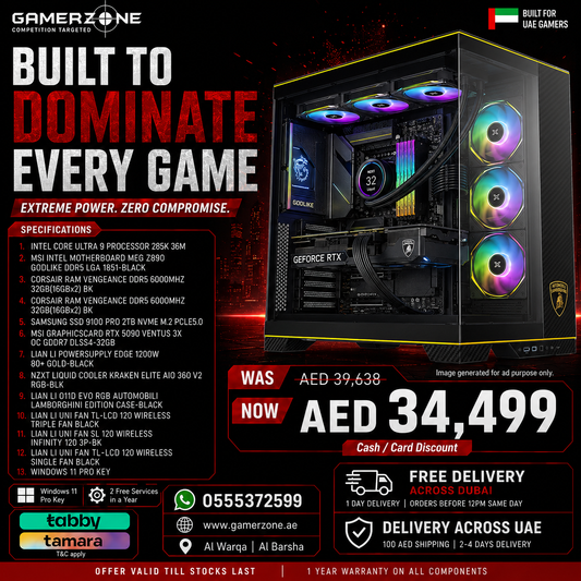 Promotional graphic for a Gamerzone-compliant computer build kit, featuring a black PC tower with RGB-lit front fans and a GeForce RTX graphics card, alongside large text listing specifications, pricing in AED, and delivery benefits.