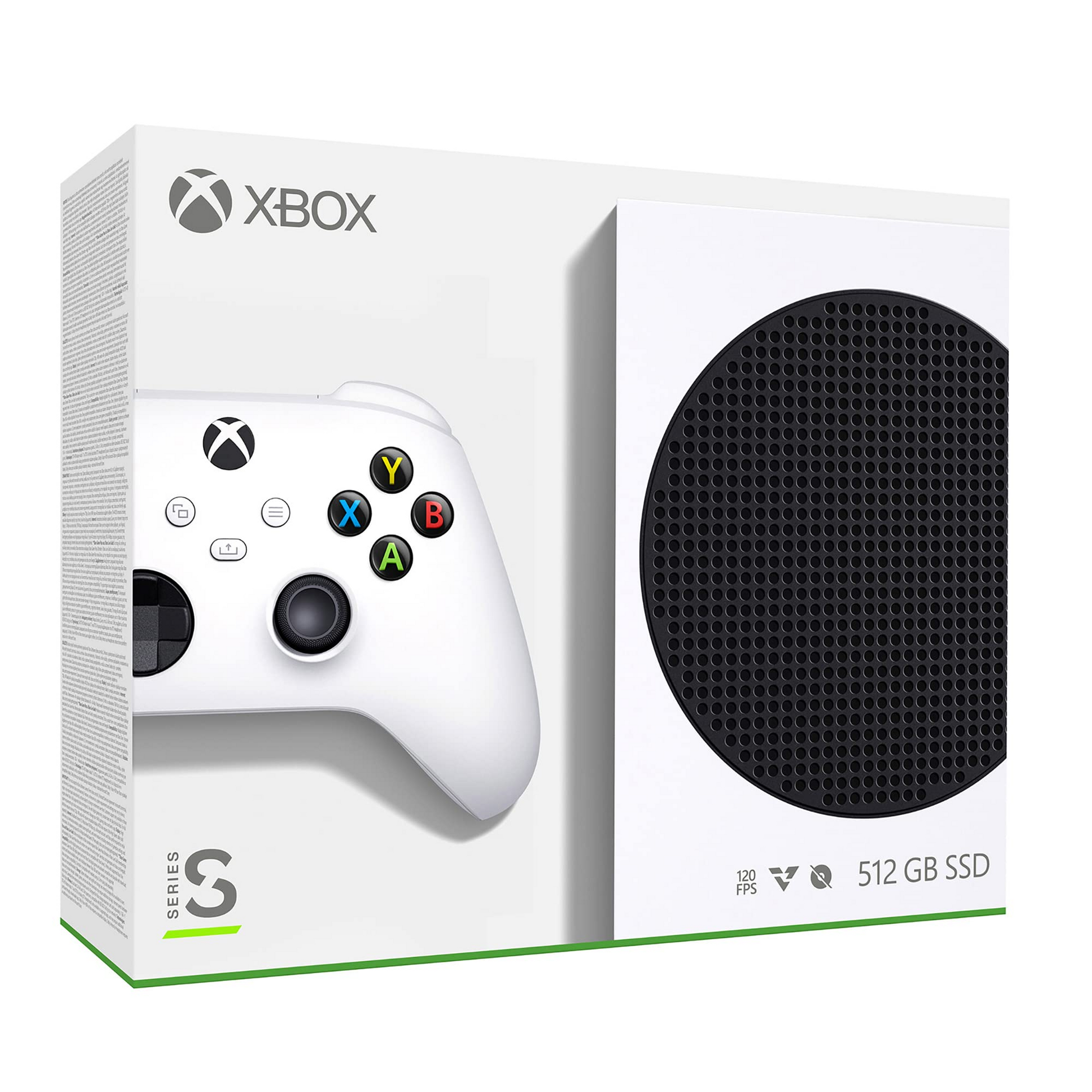 Xbox Series S 512 GB SSD console in its original white retail packaging, featuring a graphic of the white controller on the front.