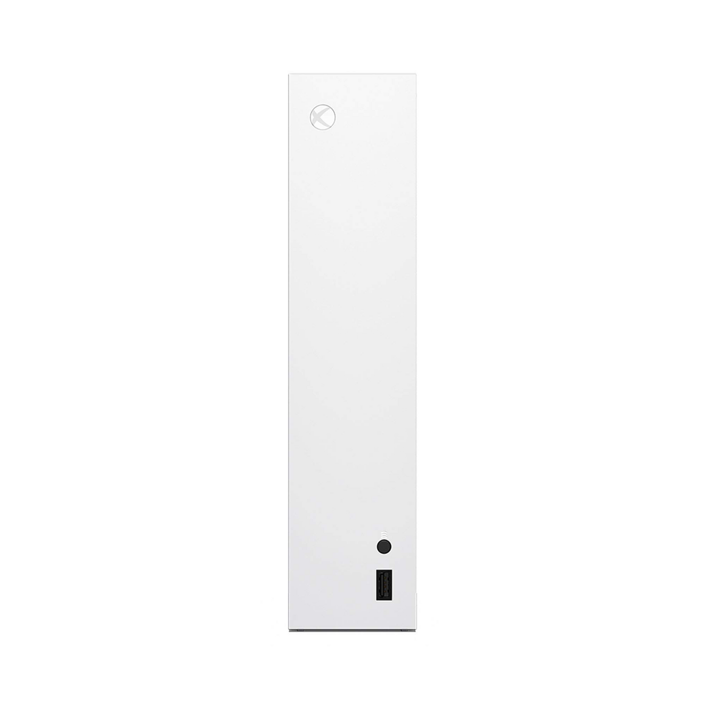 A slim, white rectangular electronic device with a small circular logo near the top and a black port near the bottom, shown on a plain white background.