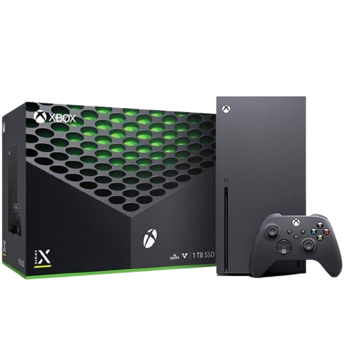 Xbox Series X console with a 1TB SSD, shown with its retail box and a black wireless controller on a plain white background.