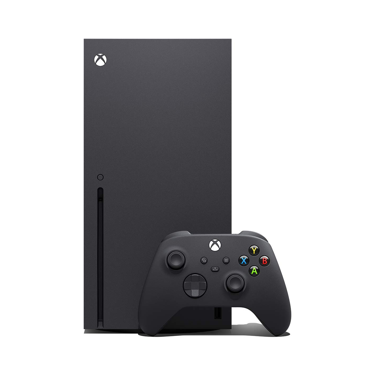 Black gaming console and controller with Xbox logo on a white background