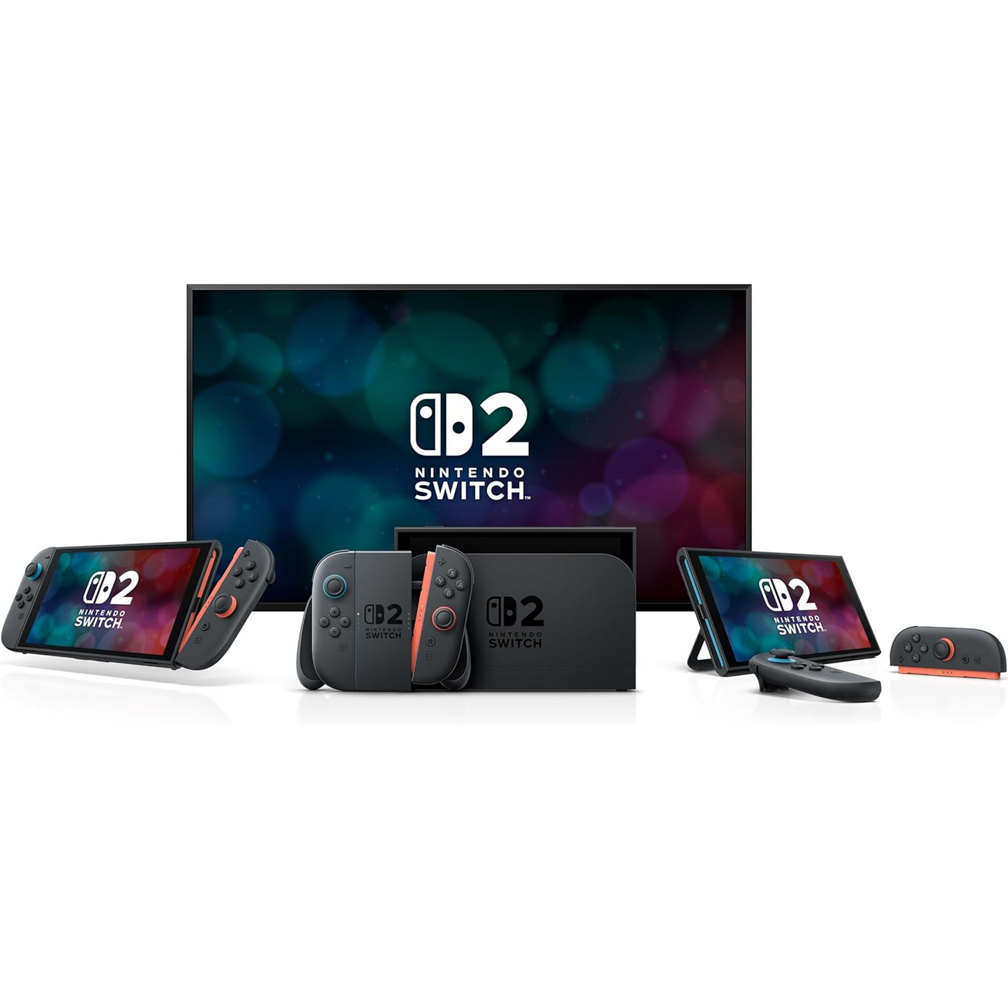 Nintendo Switch console and controllers with a screen displaying the Nintendo Switch logo.