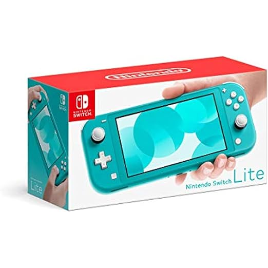 Turquoise Nintendo Switch Lite console with packaging featuring a hand holding the console.