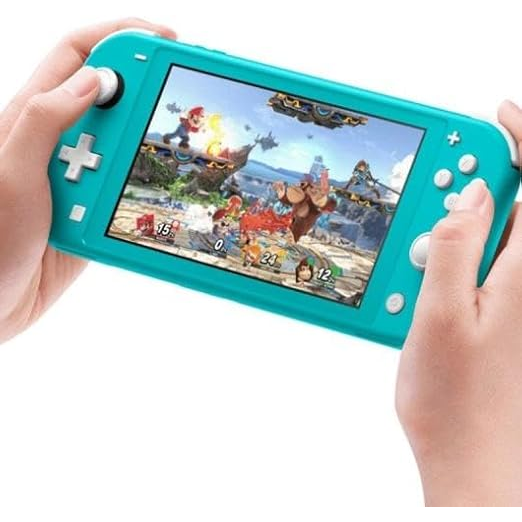 A person's hands holding a Nintendo Switch Lite in a bright turquoise color, displaying a colorful video game scene on the screen against a plain white background.
