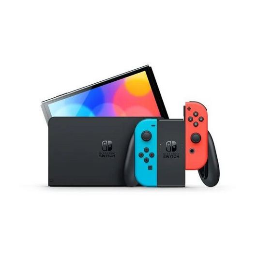 Nintendo Switch console with a black dock, a blue Joy-Con controller, and a red Joy-Con controller on a plain white background.