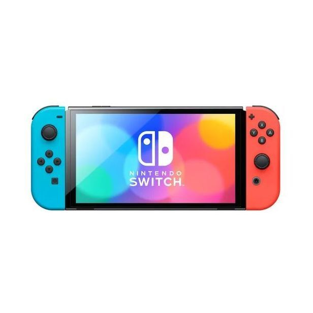 Nintendo Switch handheld gaming console with a blue left Joy-Con, red right Joy-Con, and a colorful screen displaying the Nintendo Switch logo, shown on a plain white background.