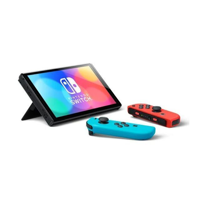 Nintendo Switch handheld gaming console shown with a black dock/stand, a bright blue Joy-Con controller, and a red Joy-Con controller on a clean white background.