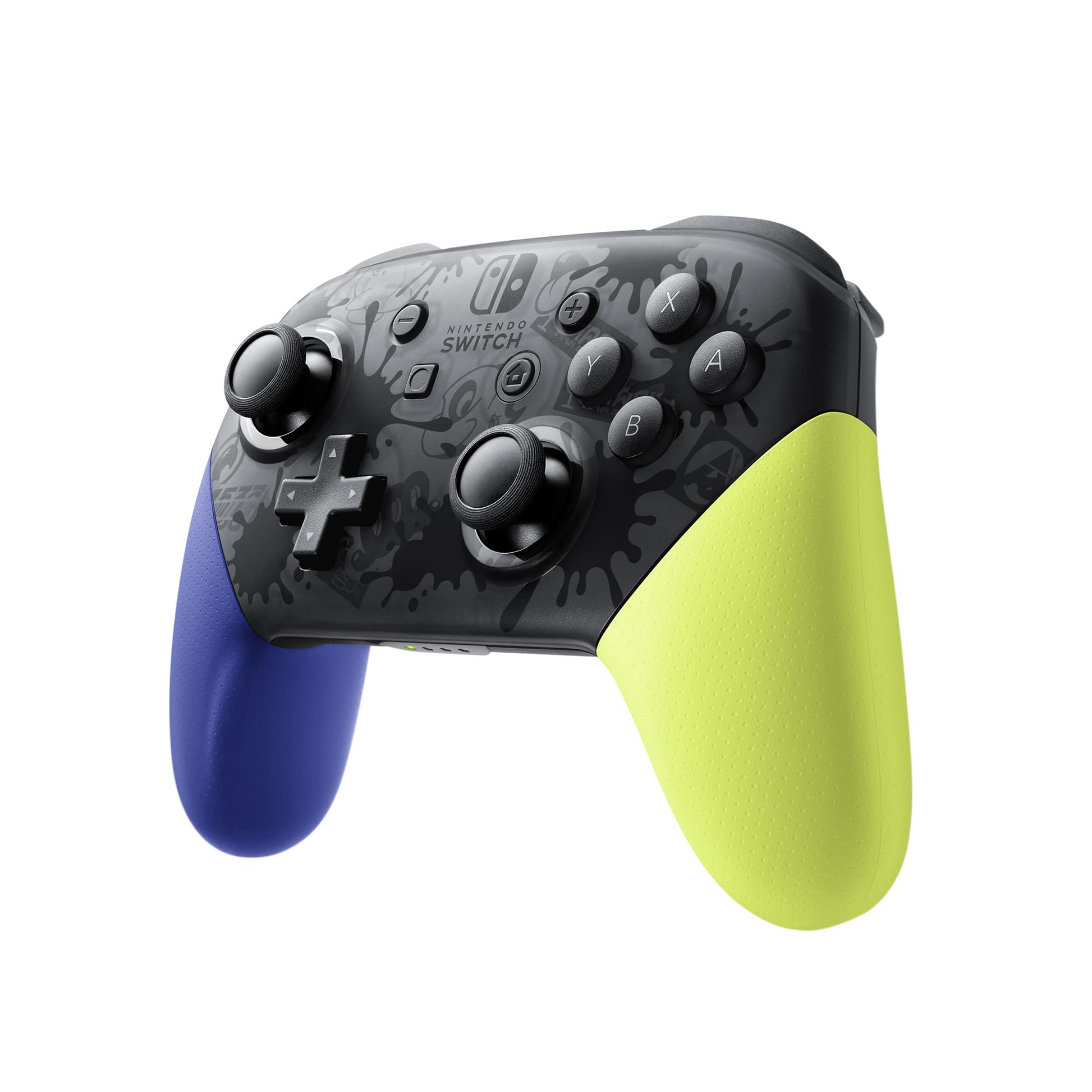 Gaming controller with black, blue, and yellow design on a white background