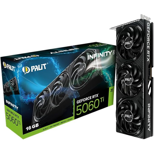 Palit GeForce RTX 5060 Ti Infinity 3 16GB graphics card front view for gaming PC builds in Dubai